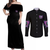 Karma Fairy Sugar Skull Couples Matching Off Shoulder Maxi Dress and Long Sleeve Button Shirt - Wonder Print Shop