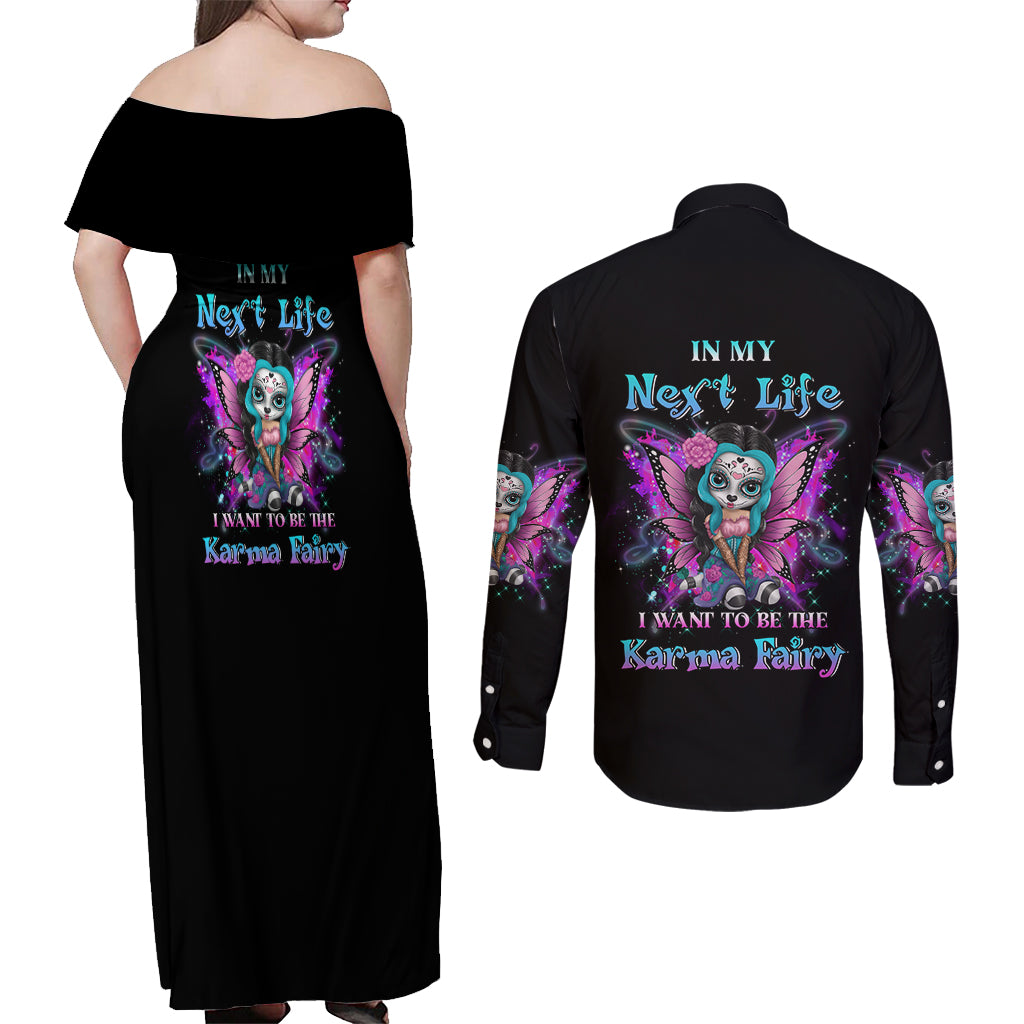 Karma Fairy Sugar Skull Couples Matching Off Shoulder Maxi Dress and Long Sleeve Button Shirt - Wonder Print Shop