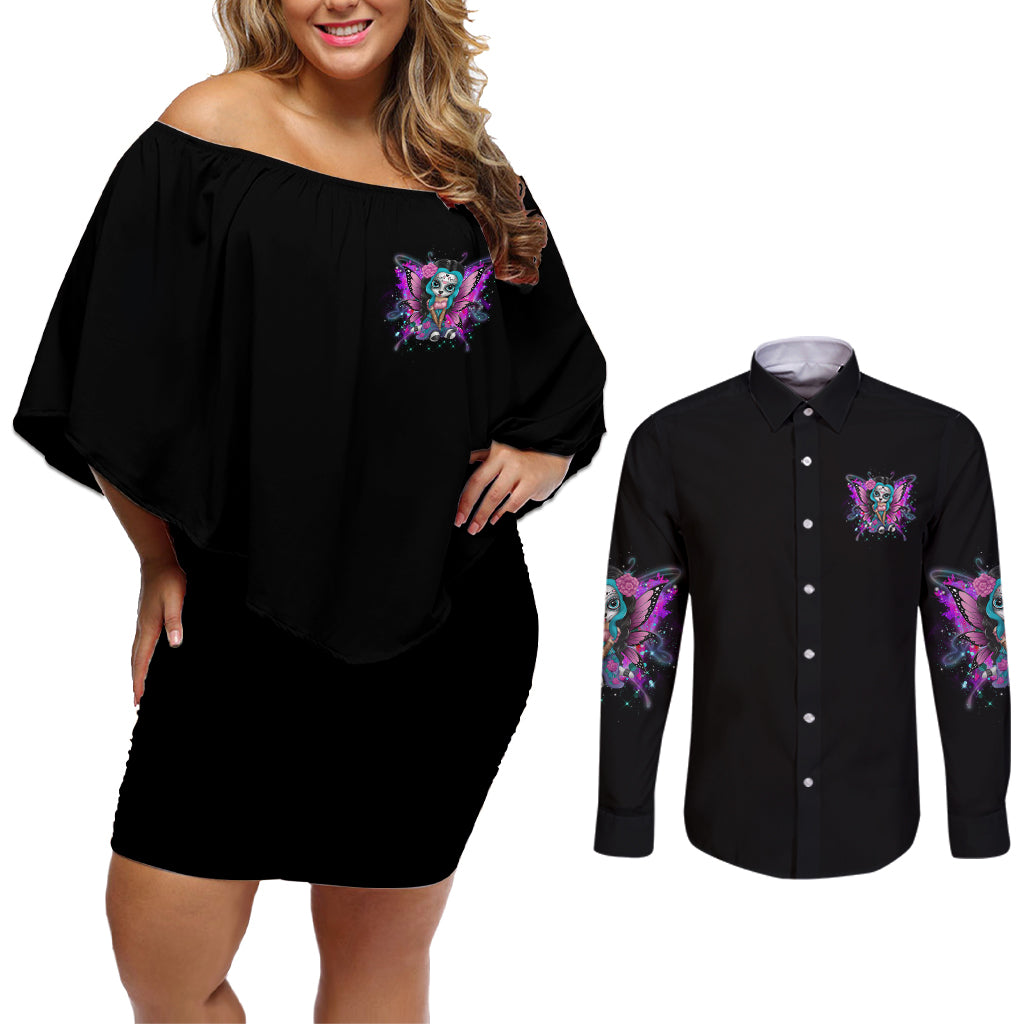 Karma Fairy Sugar Skull Couples Matching Off Shoulder Short Dress and Long Sleeve Button Shirt - Wonder Print Shop