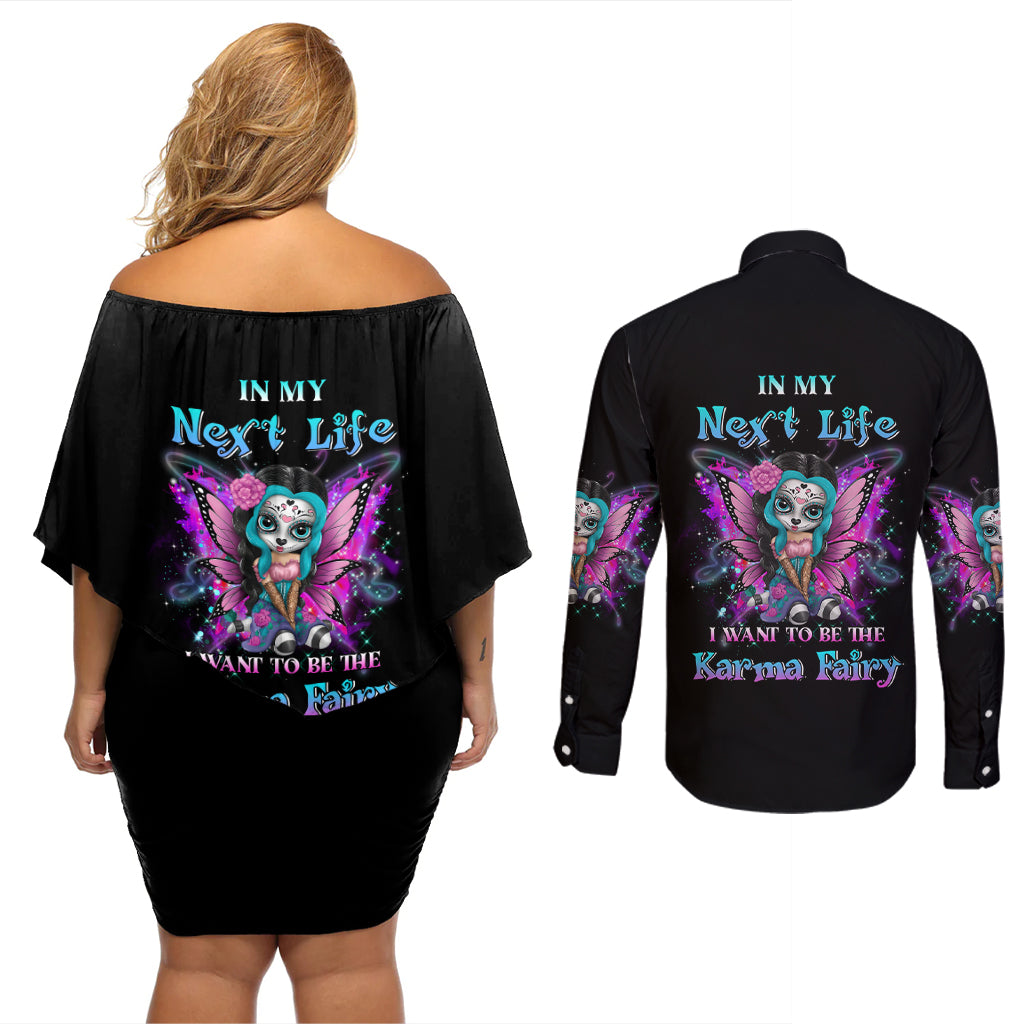 Karma Fairy Sugar Skull Couples Matching Off Shoulder Short Dress and Long Sleeve Button Shirt - Wonder Print Shop