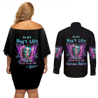Karma Fairy Sugar Skull Couples Matching Off Shoulder Short Dress and Long Sleeve Button Shirt - Wonder Print Shop