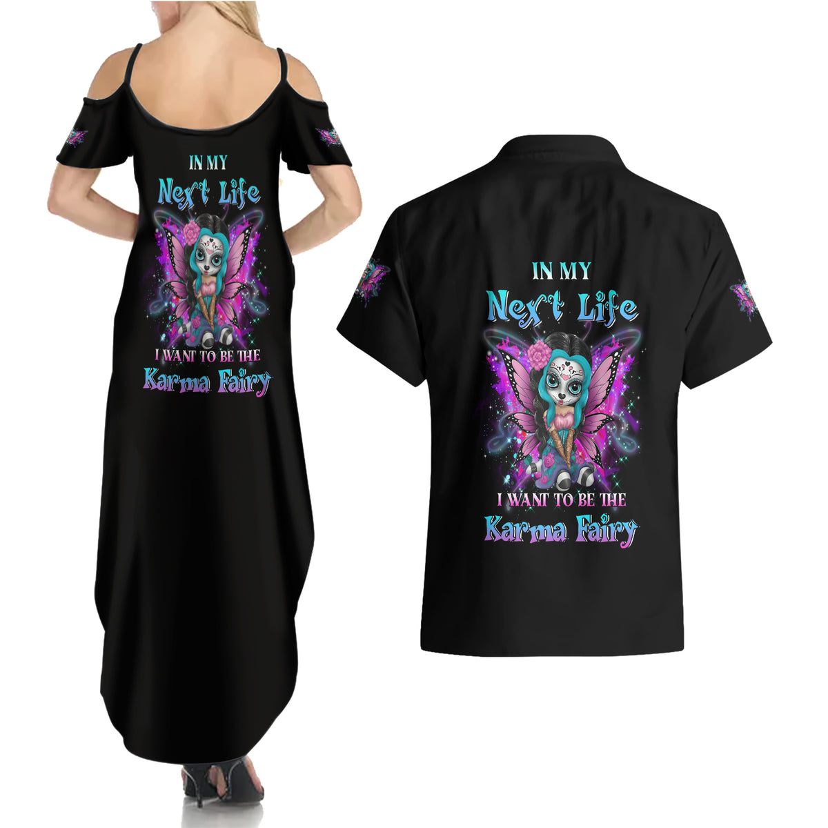 Karma Fairy Sugar Skull Couples Matching Summer Maxi Dress and Hawaiian Shirt - Wonder Print Shop