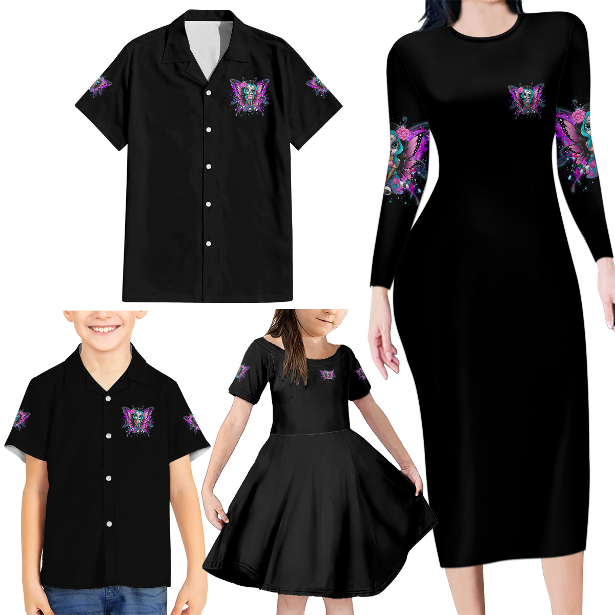 Karma Fairy Sugar Skull Family Matching Long Sleeve Bodycon Dress and Hawaiian Shirt - Wonder Print Shop