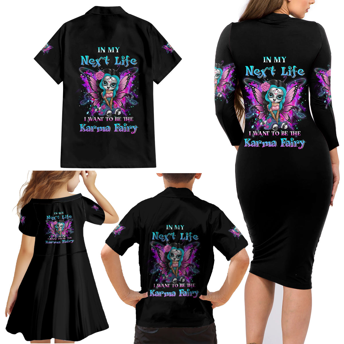 Karma Fairy Sugar Skull Family Matching Long Sleeve Bodycon Dress and Hawaiian Shirt - Wonder Print Shop