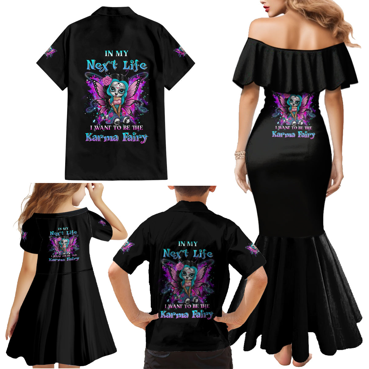 Karma Fairy Sugar Skull Family Matching Mermaid Dress and Hawaiian Shirt - Wonder Print Shop