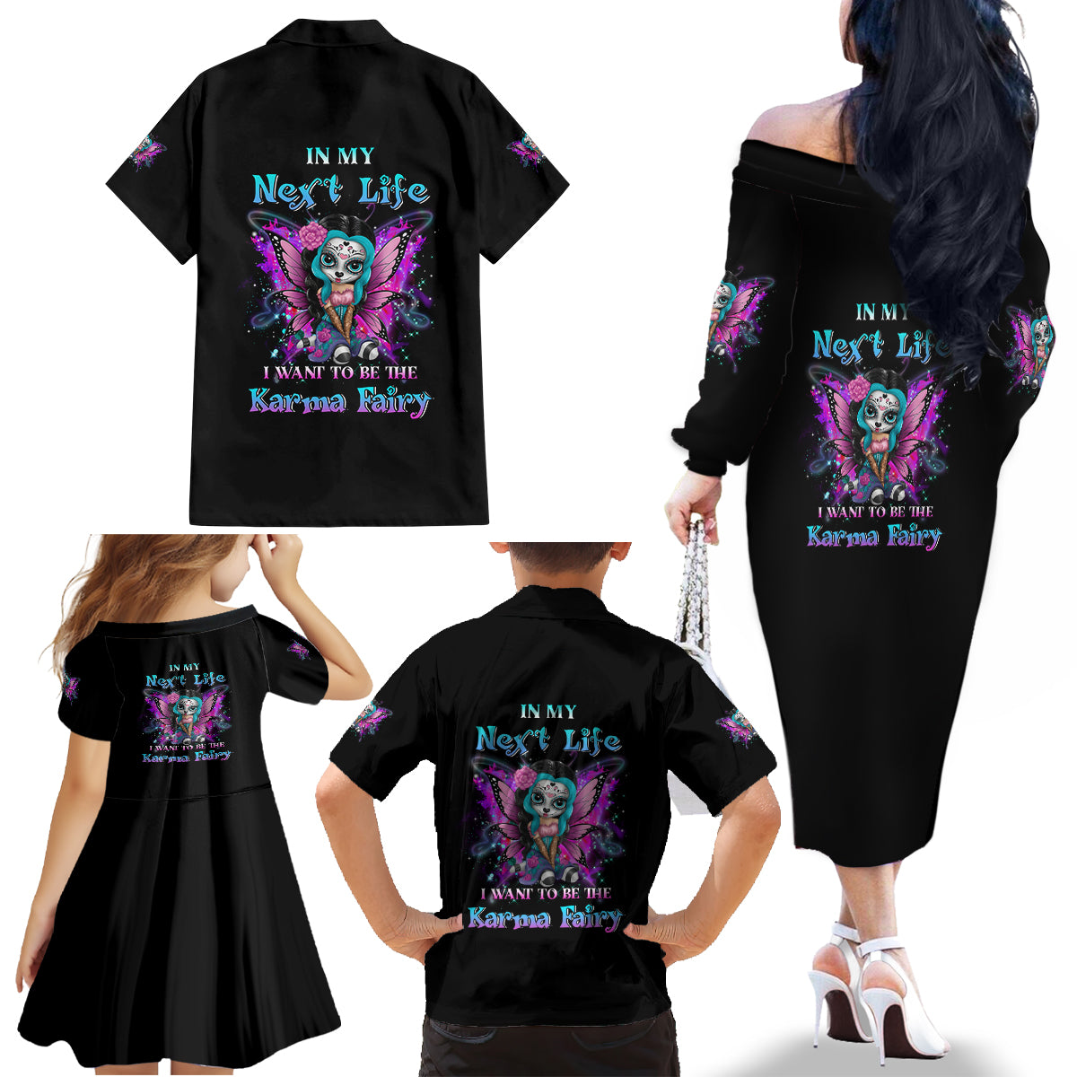 Karma Fairy Sugar Skull Family Matching Off Shoulder Long Sleeve Dress and Hawaiian Shirt - Wonder Print Shop