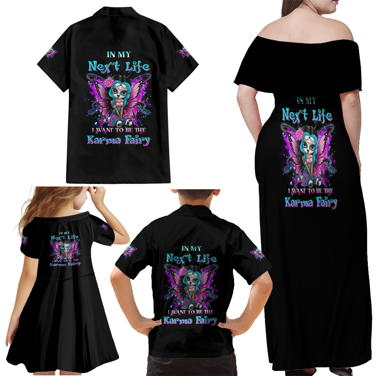 Karma Fairy Sugar Skull Family Matching Off Shoulder Maxi Dress and Hawaiian Shirt - Wonder Print Shop