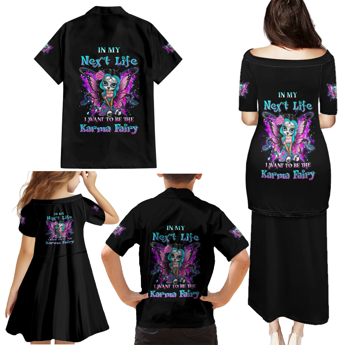 Karma Fairy Sugar Skull Family Matching Puletasi Dress and Hawaiian Shirt - Wonder Print Shop