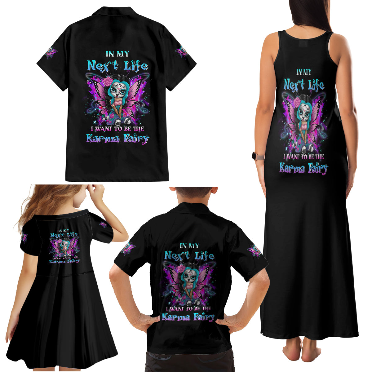 Karma Fairy Sugar Skull Family Matching Tank Maxi Dress and Hawaiian Shirt - Wonder Print Shop