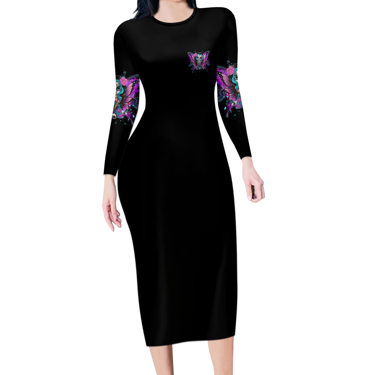 Karma Fairy Sugar Skull Long Sleeve Bodycon Dress - Wonder Print Shop