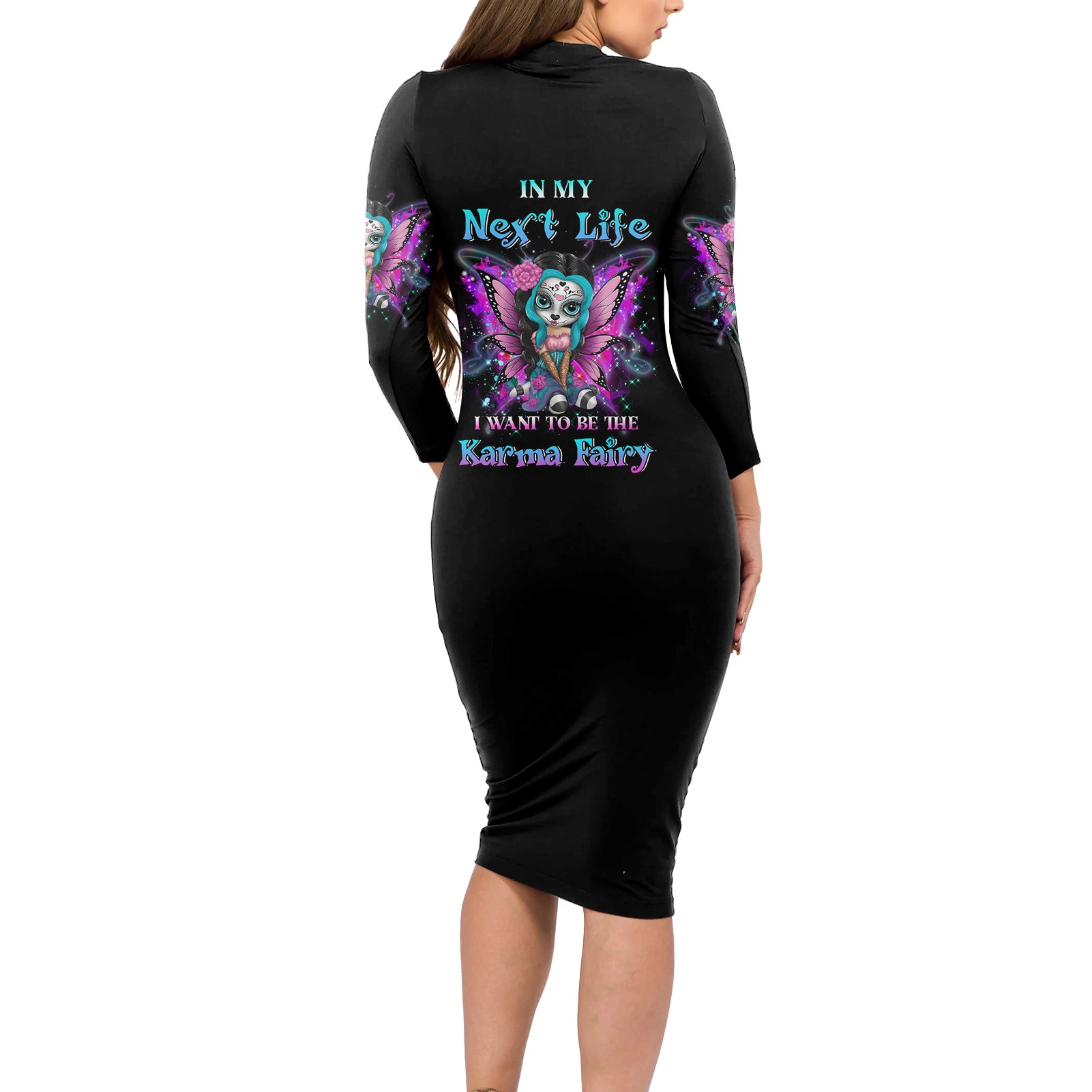 Karma Fairy Sugar Skull Long Sleeve Bodycon Dress - Wonder Print Shop