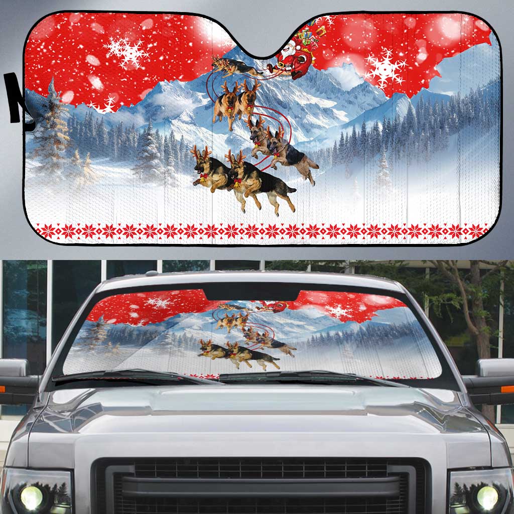 German Shepherd Christmas Auto Sun Shade with Santa Sleigh Ride and Snowy Mountain Design - Wonder Print Shop