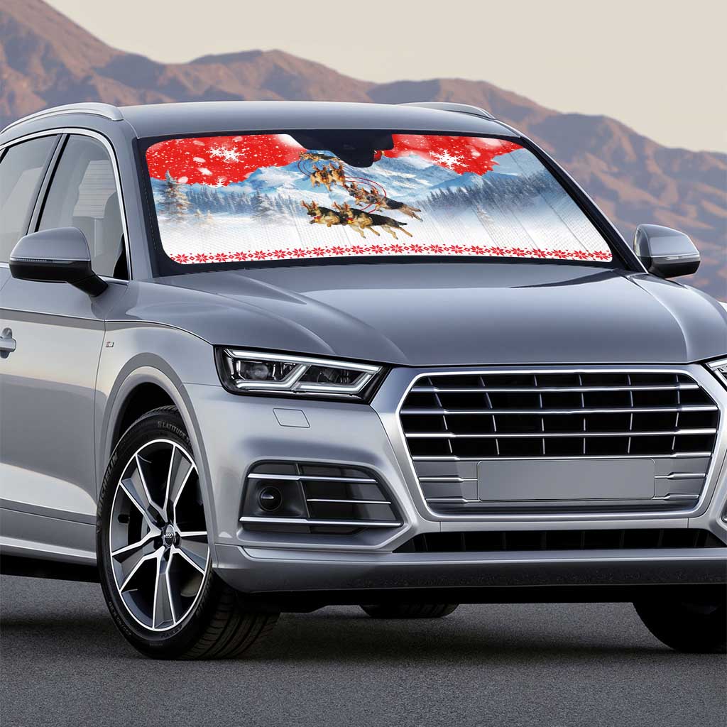 German Shepherd Christmas Auto Sun Shade with Santa Sleigh Ride and Snowy Mountain Design - Wonder Print Shop