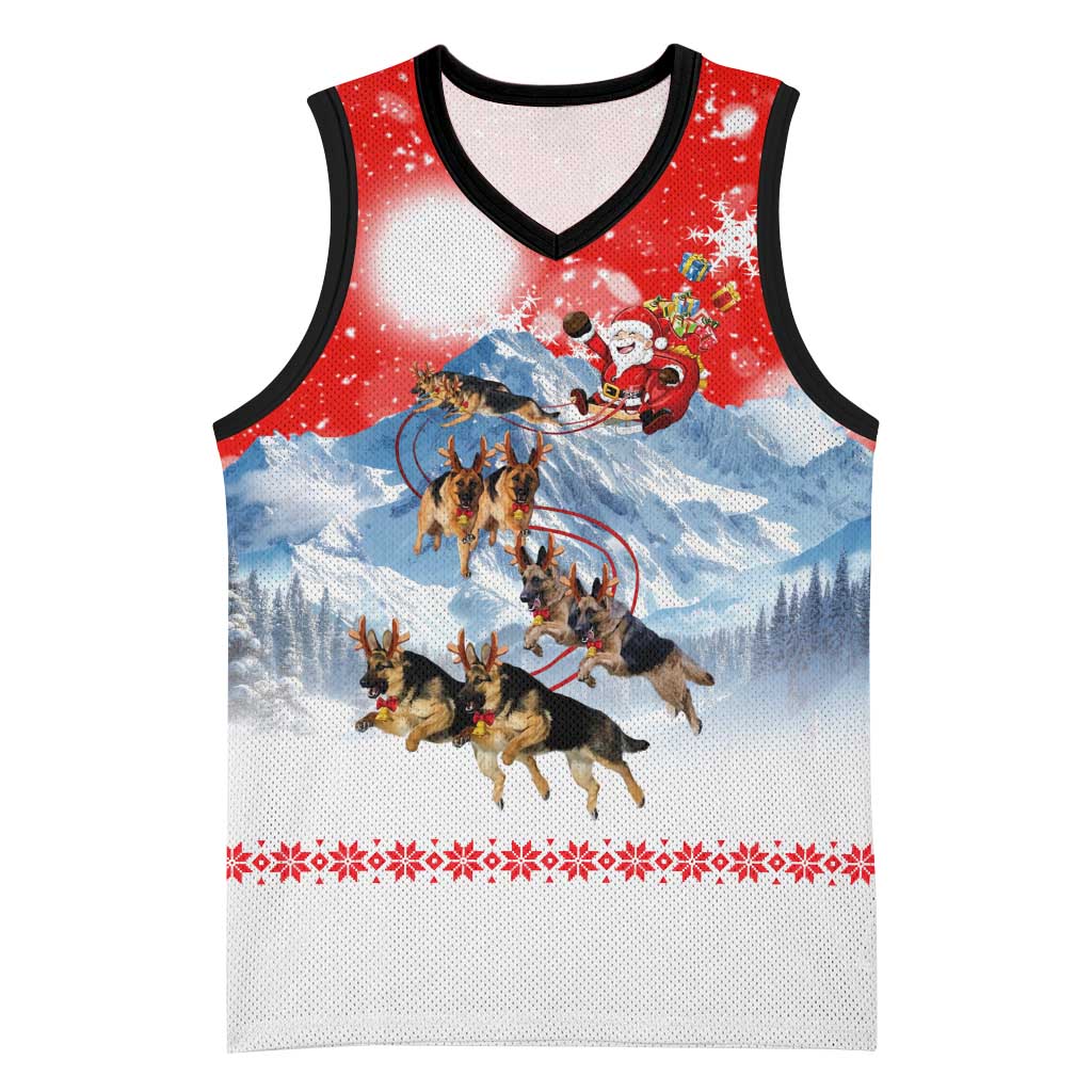 German Shepherd Christmas Basketball Jersey with Santa Sleigh Ride and Snowy Mountain Design - Wonder Print Shop