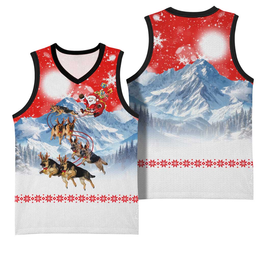 German Shepherd Christmas Basketball Jersey with Santa Sleigh Ride and Snowy Mountain Design - Wonder Print Shop