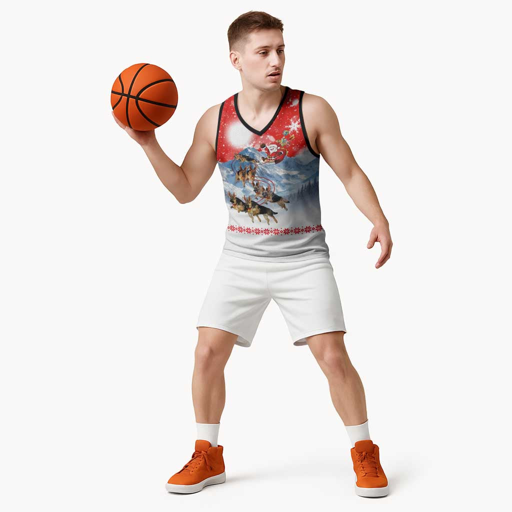 German Shepherd Christmas Basketball Jersey with Santa Sleigh Ride and Snowy Mountain Design - Wonder Print Shop