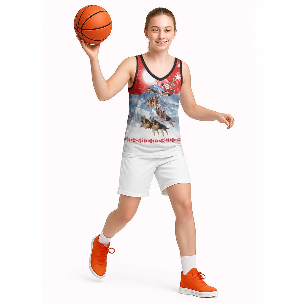 German Shepherd Christmas Basketball Jersey with Santa Sleigh Ride and Snowy Mountain Design - Wonder Print Shop