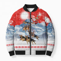 German Shepherd Christmas Bomber Puffer Jacket with Santa Sleigh Ride and Snowy Mountain Design - Wonder Print Shop