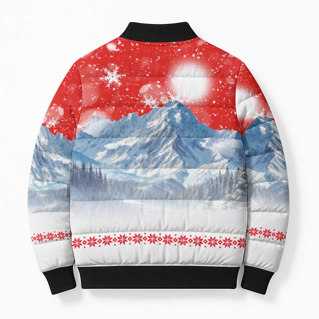 German Shepherd Christmas Bomber Puffer Jacket with Santa Sleigh Ride and Snowy Mountain Design - Wonder Print Shop