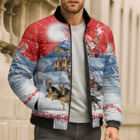 German Shepherd Christmas Bomber Puffer Jacket with Santa Sleigh Ride and Snowy Mountain Design - Wonder Print Shop