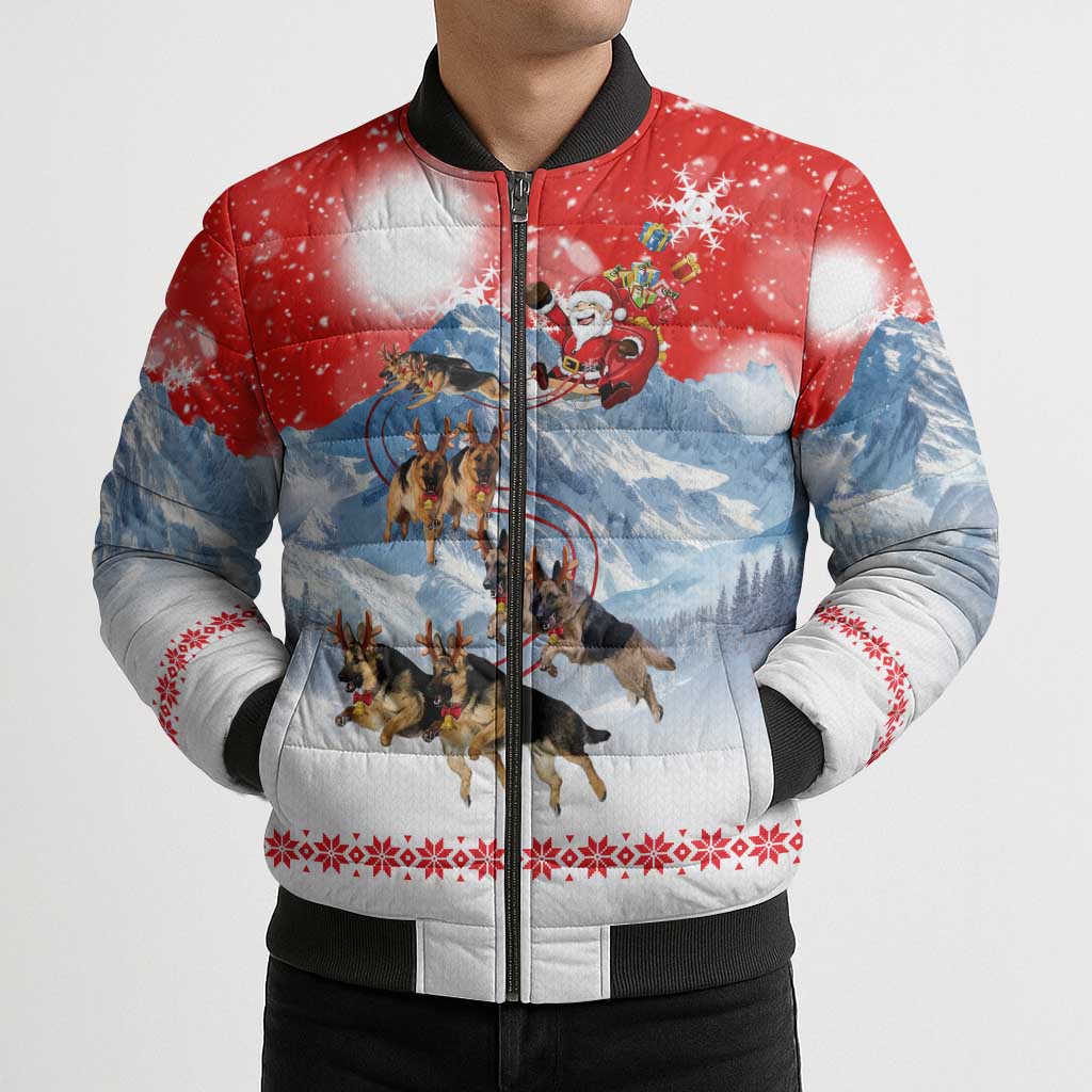 German Shepherd Christmas Bomber Puffer Jacket with Santa Sleigh Ride and Snowy Mountain Design - Wonder Print Shop