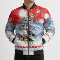 German Shepherd Christmas Bomber Puffer Jacket with Santa Sleigh Ride and Snowy Mountain Design - Wonder Print Shop
