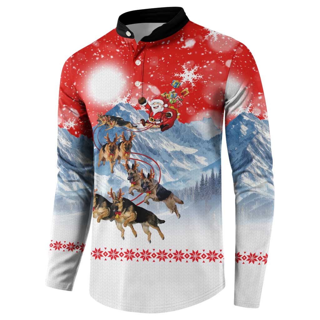German Shepherd Christmas Button Sweatshirt with Santa Sleigh Ride and Snowy Mountain Design - Wonder Print Shop