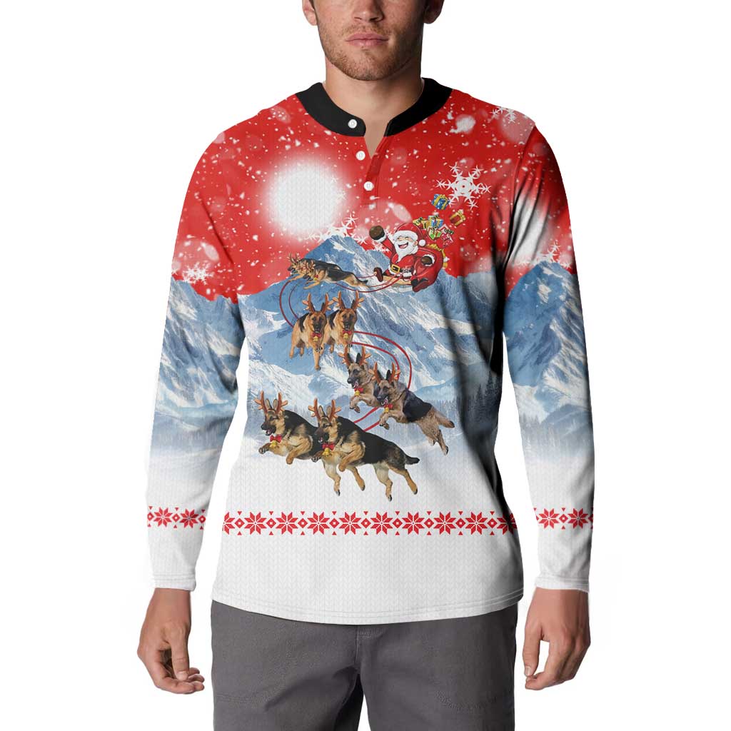 German Shepherd Christmas Button Sweatshirt with Santa Sleigh Ride and Snowy Mountain Design - Wonder Print Shop