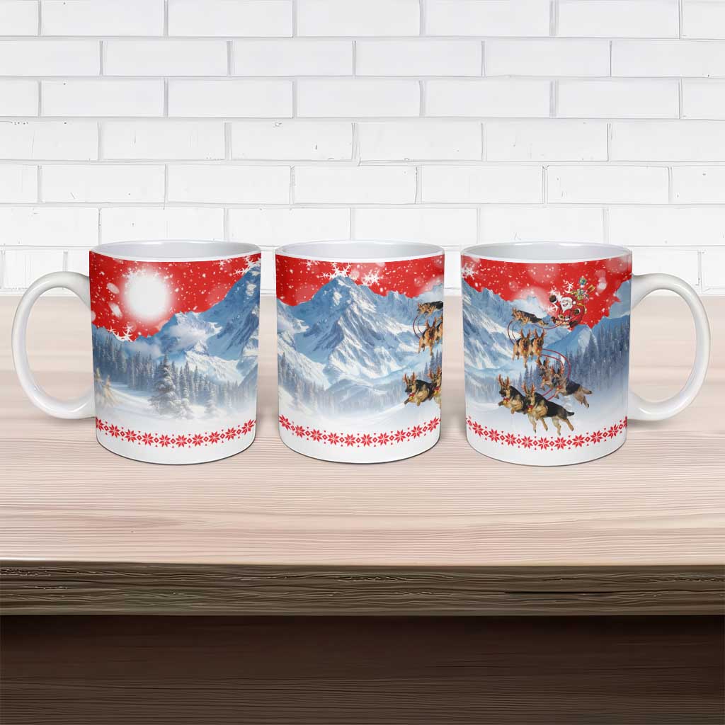 German Shepherd Christmas Ceramic Mug with Santa Sleigh Ride and Snowy Mountain Design - Wonder Print Shop