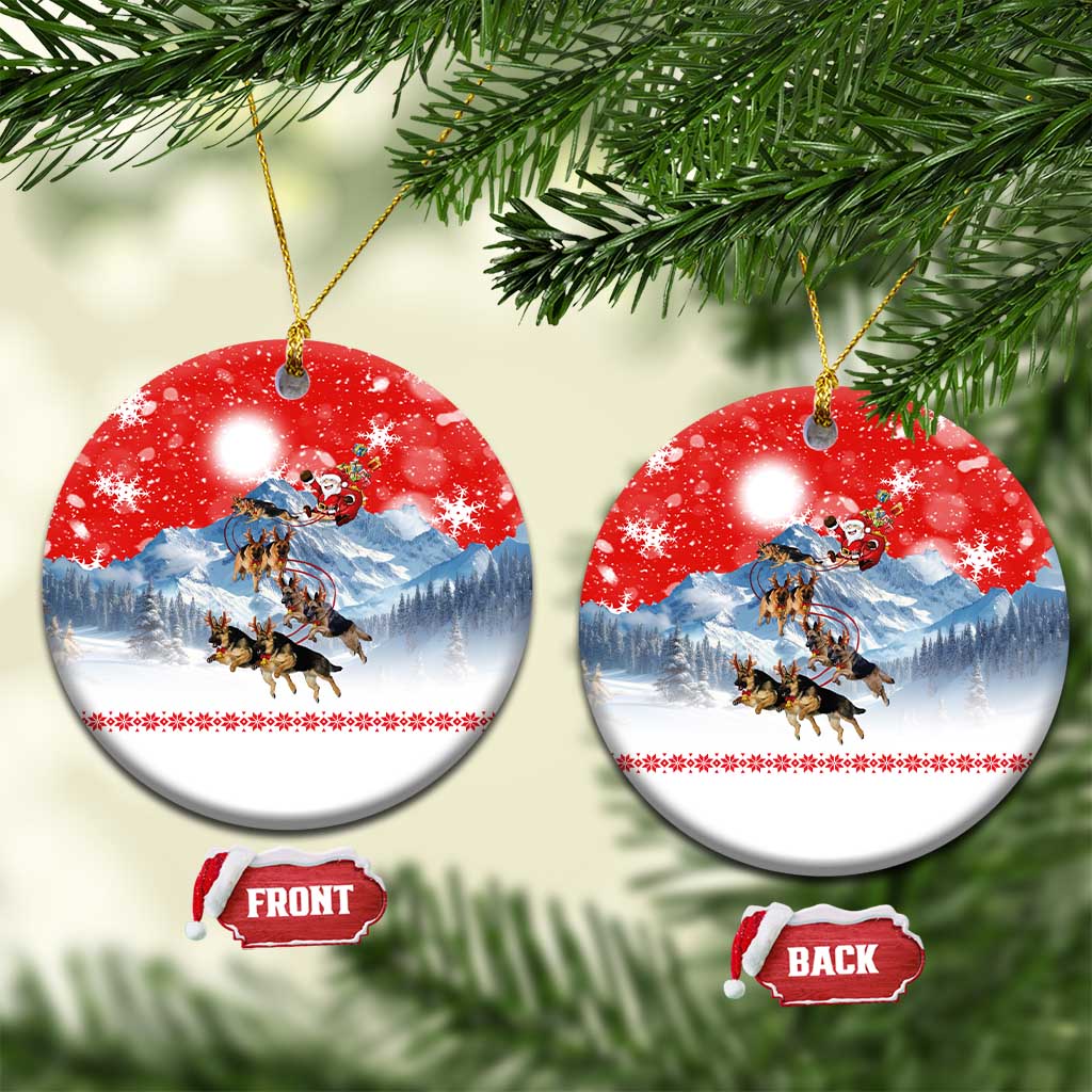 German Shepherd Christmas Ceramic Ornament with Santa Sleigh Ride and Snowy Mountain Design - Wonder Print Shop