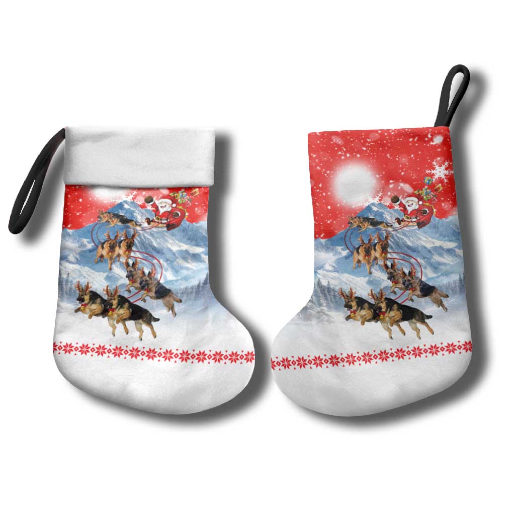 German Shepherd Christmas Stocking with Santa Sleigh Ride and Snowy Mountain Design - Wonder Print Shop