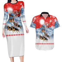 German Shepherd Christmas Couples Matching Long Sleeve Bodycon Dress and Hawaiian Shirt with Santa Sleigh Ride and Snowy Mountain Design - Wonder Print Shop