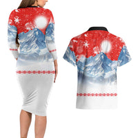 German Shepherd Christmas Couples Matching Long Sleeve Bodycon Dress and Hawaiian Shirt with Santa Sleigh Ride and Snowy Mountain Design - Wonder Print Shop