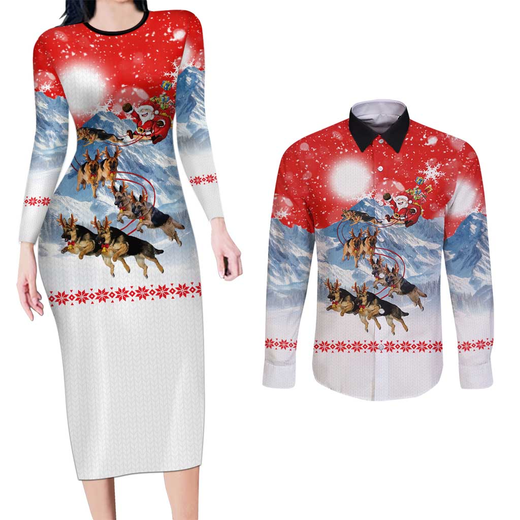 German Shepherd Christmas Couples Matching Long Sleeve Bodycon Dress and Long Sleeve Button Shirt with Santa Sleigh Ride and Snowy Mountain Design - Wonder Print Shop