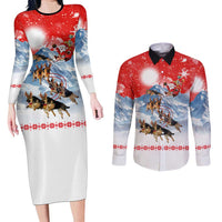 German Shepherd Christmas Couples Matching Long Sleeve Bodycon Dress and Long Sleeve Button Shirt with Santa Sleigh Ride and Snowy Mountain Design - Wonder Print Shop