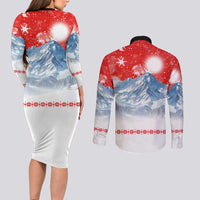 German Shepherd Christmas Couples Matching Long Sleeve Bodycon Dress and Long Sleeve Button Shirt with Santa Sleigh Ride and Snowy Mountain Design - Wonder Print Shop
