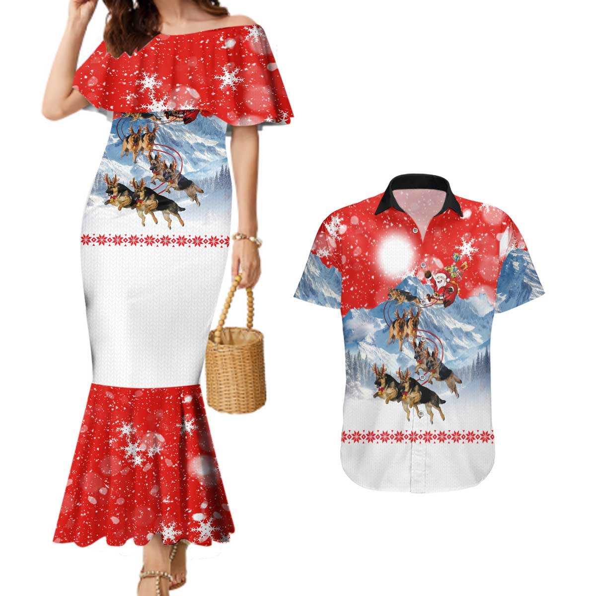 German Shepherd Christmas Couples Matching Mermaid Dress and Hawaiian Shirt with Santa Sleigh Ride and Snowy Mountain Design - Wonder Print Shop