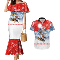 German Shepherd Christmas Couples Matching Mermaid Dress and Hawaiian Shirt with Santa Sleigh Ride and Snowy Mountain Design - Wonder Print Shop