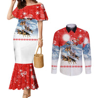 German Shepherd Christmas Couples Matching Mermaid Dress and Long Sleeve Button Shirt with Santa Sleigh Ride and Snowy Mountain Design - Wonder Print Shop