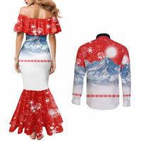 German Shepherd Christmas Couples Matching Mermaid Dress and Long Sleeve Button Shirt with Santa Sleigh Ride and Snowy Mountain Design - Wonder Print Shop