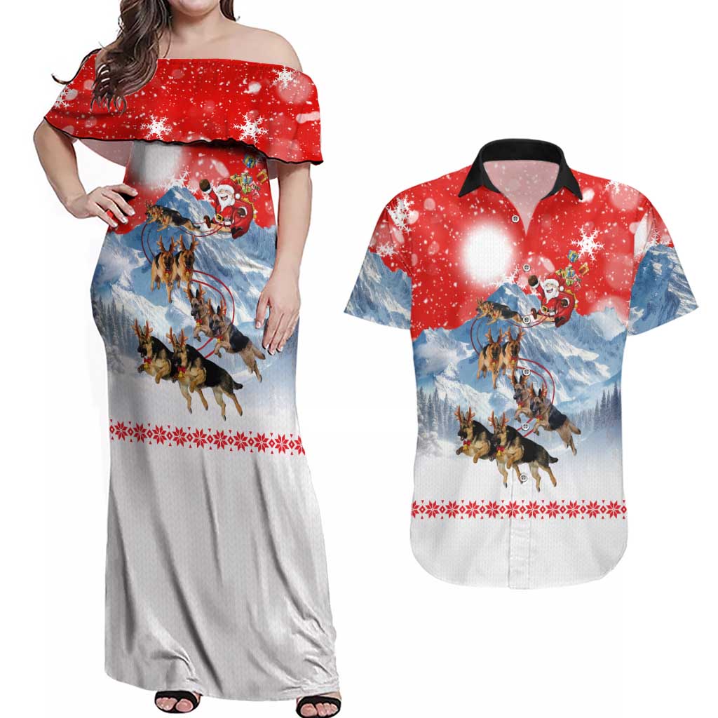 German Shepherd Christmas Couples Matching Off Shoulder Maxi Dress and Hawaiian Shirt with Santa Sleigh Ride and Snowy Mountain Design - Wonder Print Shop