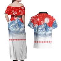 German Shepherd Christmas Couples Matching Off Shoulder Maxi Dress and Hawaiian Shirt with Santa Sleigh Ride and Snowy Mountain Design - Wonder Print Shop
