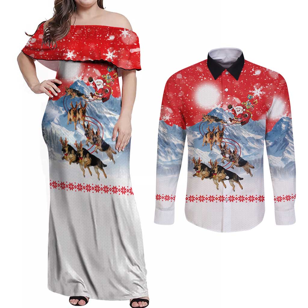 German Shepherd Christmas Couples Matching Off Shoulder Maxi Dress and Long Sleeve Button Shirt with Santa Sleigh Ride and Snowy Mountain Design - Wonder Print Shop