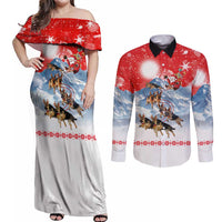German Shepherd Christmas Couples Matching Off Shoulder Maxi Dress and Long Sleeve Button Shirt with Santa Sleigh Ride and Snowy Mountain Design - Wonder Print Shop