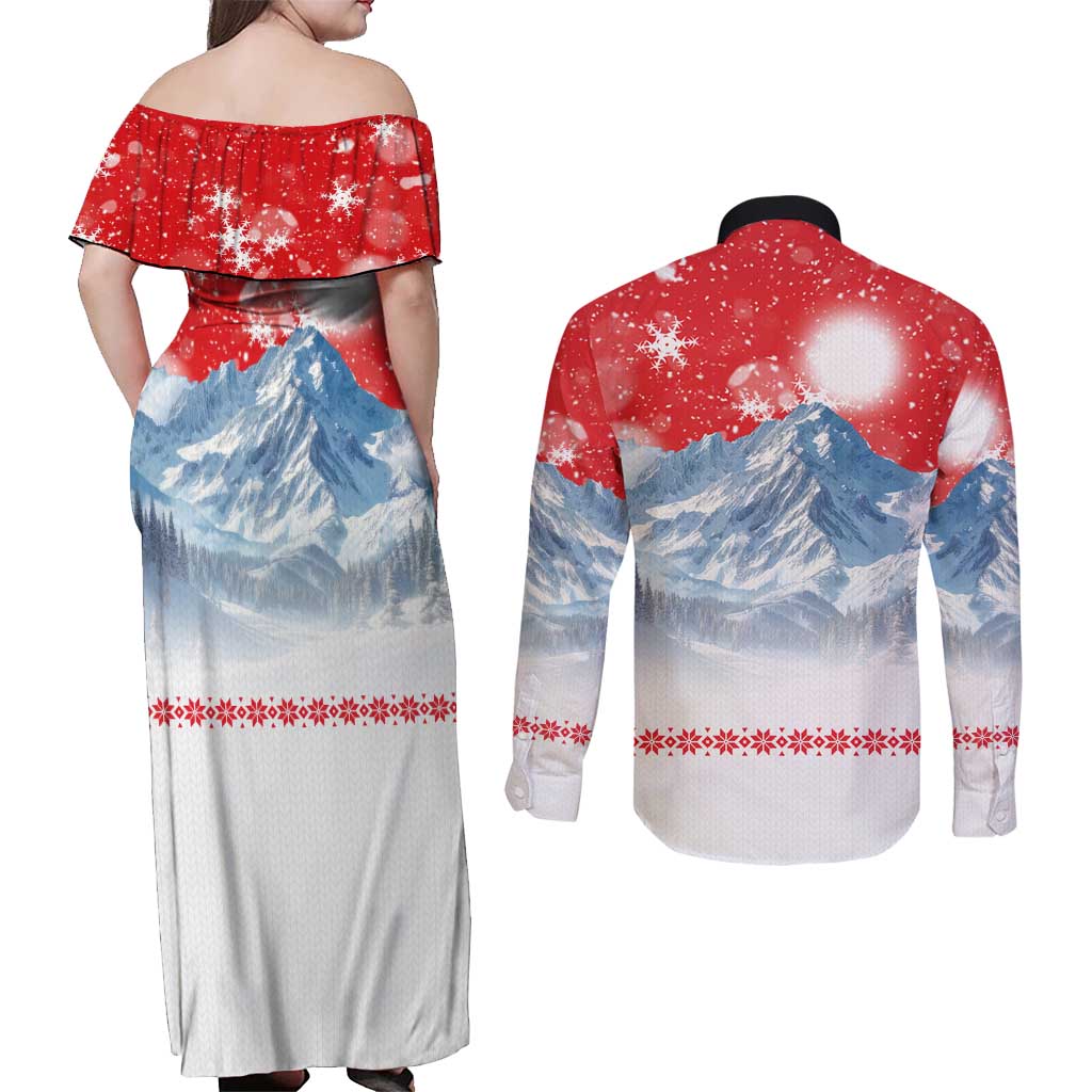 German Shepherd Christmas Couples Matching Off Shoulder Maxi Dress and Long Sleeve Button Shirt with Santa Sleigh Ride and Snowy Mountain Design - Wonder Print Shop
