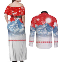 German Shepherd Christmas Couples Matching Off Shoulder Maxi Dress and Long Sleeve Button Shirt with Santa Sleigh Ride and Snowy Mountain Design - Wonder Print Shop