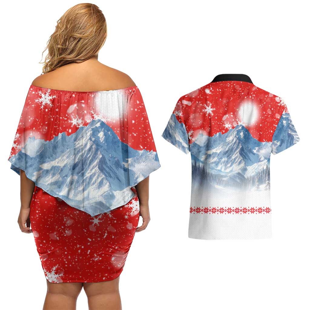 German Shepherd Christmas Couples Matching Off Shoulder Short Dress and Hawaiian Shirt with Santa Sleigh Ride and Snowy Mountain Design - Wonder Print Shop