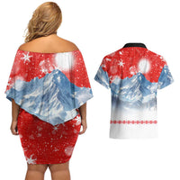 German Shepherd Christmas Couples Matching Off Shoulder Short Dress and Hawaiian Shirt with Santa Sleigh Ride and Snowy Mountain Design - Wonder Print Shop