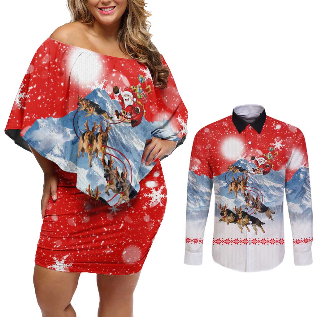 German Shepherd Christmas Couples Matching Off Shoulder Short Dress and Long Sleeve Button Shirt with Santa Sleigh Ride and Snowy Mountain Design - Wonder Print Shop