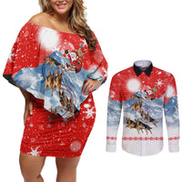 German Shepherd Christmas Couples Matching Off Shoulder Short Dress and Long Sleeve Button Shirt with Santa Sleigh Ride and Snowy Mountain Design - Wonder Print Shop